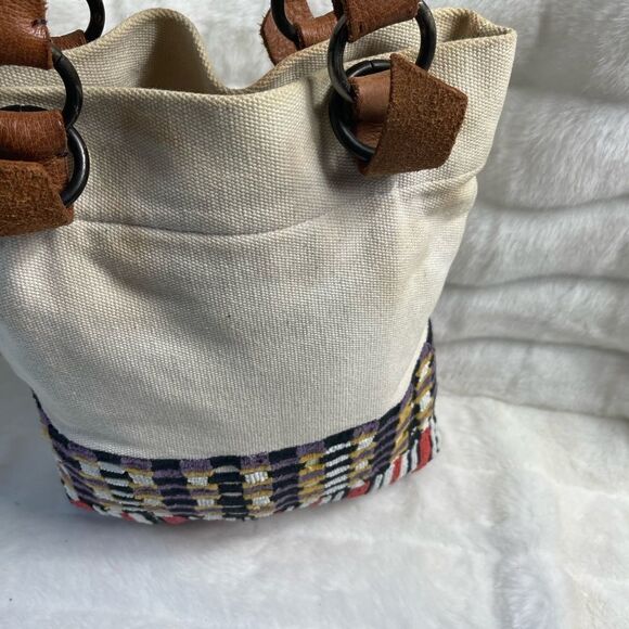 Jasper &Jeera beige canvas tote with multi color beads appliqué &leather straps - Picture 6 of 12